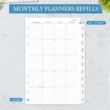 2025 Monthly Planner Refill, A5 Planner Inserts for 6 Holes,12 Monthly Calendars with Monthly Tabs, ...