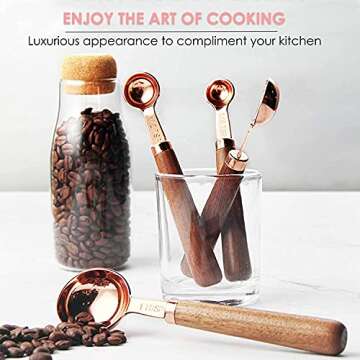 Stainless Steel Measuring Cups and Spoons - Set of 8 Measuring Cups and Spoons Set with Walnut Wood Handle, Nesting Measuring Cup Set for Dry and Liquid Ingredients (Rose Gold)
