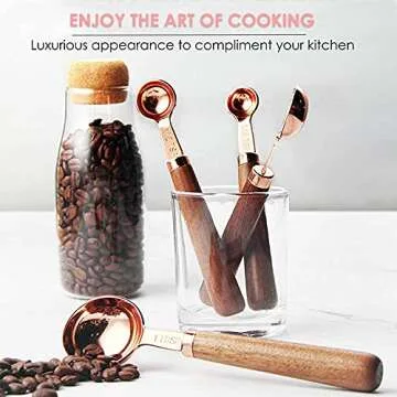 Stainless Steel Measuring Cups and Spoons - Set of 8 Measuring Cups and Spoons Set with Walnut Wood Handle, Nesting Measuring Cup Set for Dry and Liquid Ingredients (Rose Gold)