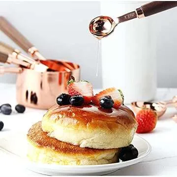 Stainless Steel Measuring Cups and Spoons - Set of 8 Measuring Cups and Spoons Set with Walnut Wood Handle, Nesting Measuring Cup Set for Dry and Liquid Ingredients (Rose Gold)