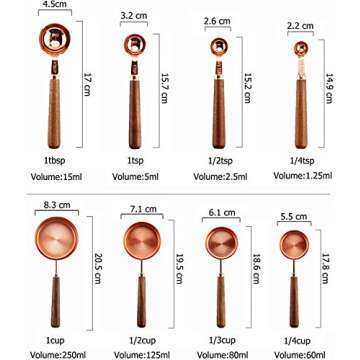 Stainless Steel Measuring Cups and Spoons - Set of 8 Measuring Cups and Spoons Set with Walnut Wood Handle, Nesting Measuring Cup Set for Dry and Liquid Ingredients (Rose Gold)