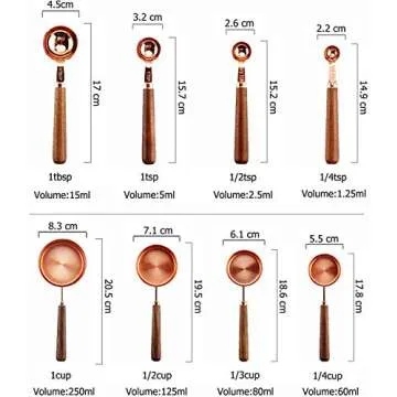 Stainless Steel Measuring Cups and Spoons - Set of 8 Measuring Cups and Spoons Set with Walnut Wood Handle, Nesting Measuring Cup Set for Dry and Liquid Ingredients (Rose Gold)