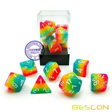 Bescon Fantasy Rainbow Glowing Polyhedral Dice 7pcs Set Midnight Candy, Luminous RPG Dice Set Glow i...