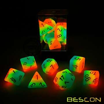 Bescon Fantasy Rainbow Glowing Polyhedral Dice 7pcs Set Midnight Candy, Luminous RPG Dice Set Glow in Dark, Novelty DND Game Dice d4 d6 d8 d10 d12 d20 d% in Brick Box