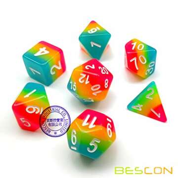 Bescon Fantasy Rainbow Glowing Polyhedral Dice 7pcs Set Midnight Candy, Luminous RPG Dice Set Glow in Dark, Novelty DND Game Dice d4 d6 d8 d10 d12 d20 d% in Brick Box