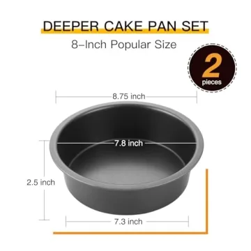 HONGBAKE Round Cake Pan Set for Baking, 8 Inch, Nonstick Deeper Circle Cake Pans with Wider Grips, 2 Pieces Layer Cake Tin, Cheesecake Mold, Huty Duty, Dishwasher Safe - Grey