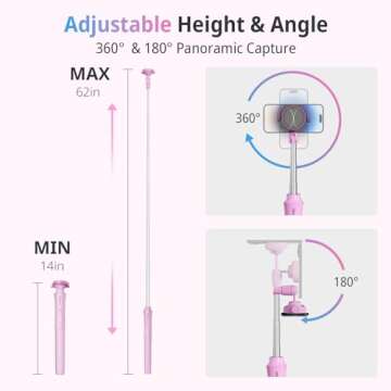 UBeesize Pink 62'' Magnetic Selfie Stick & Phone Tripod with Remote Shutter