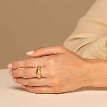 YIBA TECH Croissant Dome Ring 18k Gold Plated Croissant Braided Twisted Signet Chunky Dome Ring Stac...