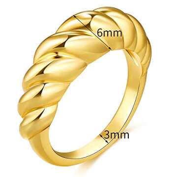 YIBA TECH Croissant Dome Ring 18k Gold Plated Croissant Braided Twisted Signet Chunky Dome Ring Stacking Band for Women Jewelry Minimalist Statement Ring Size 5 to 10 (18k, 9)