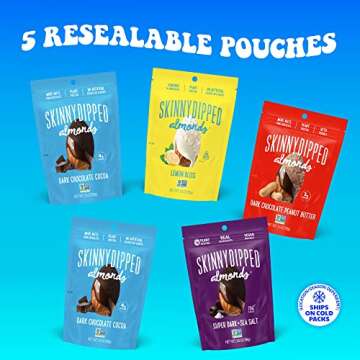 SkinnyDipped Fan Favorites Almond Variety Pack, Healthy Snack, Plant Protein, Gluten Free, 3.5 oz Resealable Bags, Pack of 5