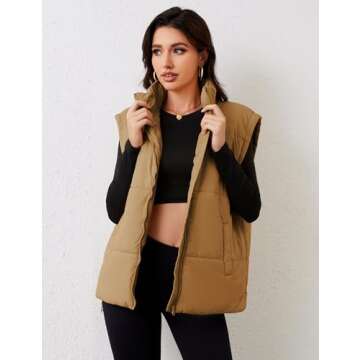 APAFES Women Winter Oversized Puffer Vest Lightweight Stand Collar Flysleeve Insulated Padded Puffy ...