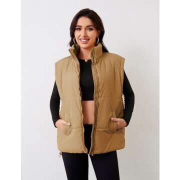 APAFES Women Winter Oversized Puffer Vest Lightweight Stand Collar Flysleeve Insulated Padded Puffy Jackets Coat with Pockets(0871-LightBrown-M)