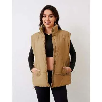 APAFES Women Winter Oversized Puffer Vest Lightweight Stand Collar Flysleeve Insulated Padded Puffy Jackets Coat with Pockets(0871-LightBrown-M)