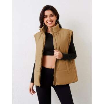 APAFES Women Winter Oversized Puffer Vest Lightweight Stand Collar Flysleeve Insulated Padded Puffy Jackets Coat with Pockets(0871-LightBrown-M)