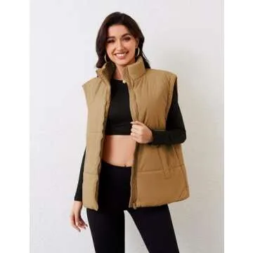 APAFES Women Winter Oversized Puffer Vest Lightweight Stand Collar Flysleeve Insulated Padded Puffy Jackets Coat with Pockets(0871-LightBrown-M)