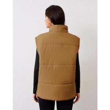APAFES Women Winter Oversized Puffer Vest Lightweight Stand Collar Flysleeve Insulated Padded Puffy Jackets Coat with Pockets(0871-LightBrown-M)