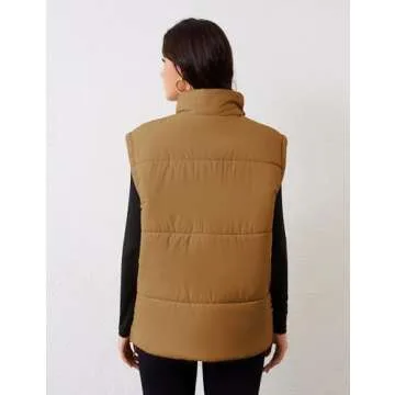 APAFES Women Winter Oversized Puffer Vest Lightweight Stand Collar Flysleeve Insulated Padded Puffy Jackets Coat with Pockets(0871-LightBrown-M)