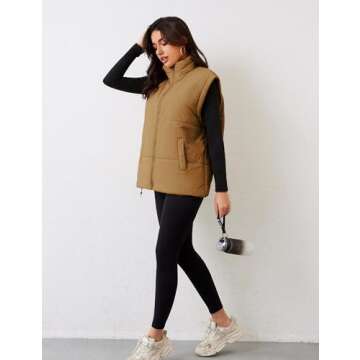 APAFES Women Winter Oversized Puffer Vest Lightweight Stand Collar Flysleeve Insulated Padded Puffy Jackets Coat with Pockets(0871-LightBrown-M)