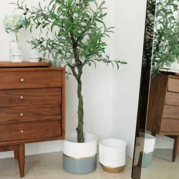 LA JOLIE MUSE Large White Ceramic Plant Pots - Garden Planters 10 + 8.1 Inch Indoor Flower Pots, Plant Containers with Gold and Grey Detailing