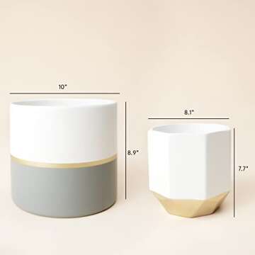 LA JOLIE MUSE Large White Ceramic Plant Pots - Garden Planters 10 + 8.1 Inch Indoor Flower Pots, Plant Containers with Gold and Grey Detailing