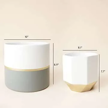 LA JOLIE MUSE Large White Ceramic Plant Pots - Garden Planters 10 + 8.1 Inch Indoor Flower Pots, Plant Containers with Gold and Grey Detailing