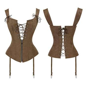 Charmian Women's Renaissance Lace Up Vintage Boned Bustier Corset with Garters Brown X-Large