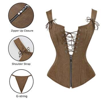 Charmian Women's Renaissance Lace Up Vintage Boned Bustier Corset with Garters Brown X-Large
