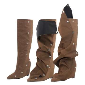 Pinokino Wedge Heel Shark Boots - Women's Knee High Slouchy Denim Brown