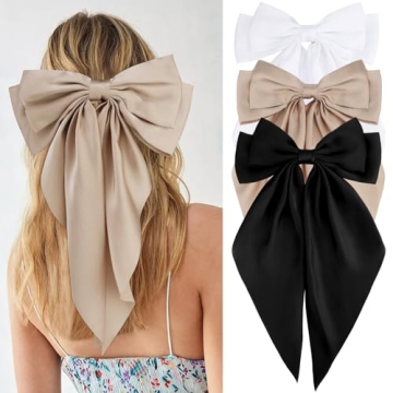 Velscrun 3Pcs Women's Hair Accessories Gifts: White, Black, and Khaki Oversized Satin Hair Bows with...