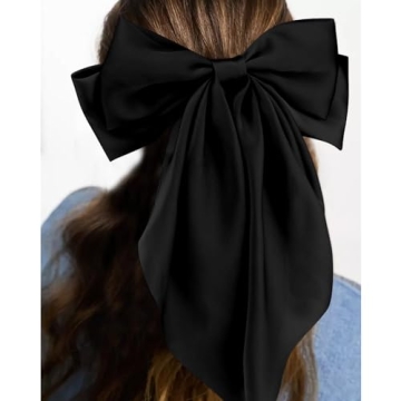 Velscrun 3Pcs Women's Hair Accessories Gifts: White, Black, and Khaki Oversized Satin Hair Bows with Long Tails, Barrettes, and Clips for Girls