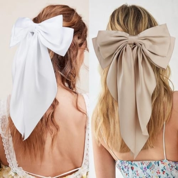 Velscrun 3Pcs Women's Hair Accessories Gifts: White, Black, and Khaki Oversized Satin Hair Bows with Long Tails, Barrettes, and Clips for Girls