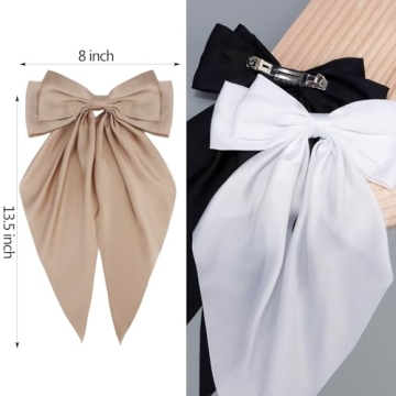 Velscrun 3Pcs Women's Hair Accessories Gifts: White, Black, and Khaki Oversized Satin Hair Bows with Long Tails, Barrettes, and Clips for Girls