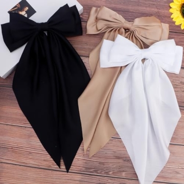 Velscrun 3Pcs Women's Hair Accessories Gifts: White, Black, and Khaki Oversized Satin Hair Bows with Long Tails, Barrettes, and Clips for Girls