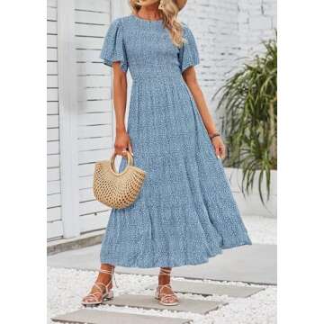 ZESICA Women's Summer Casual Floral Print Short Flutter Sleeve Crew Neck Smocked High Waist Flowy Ma...