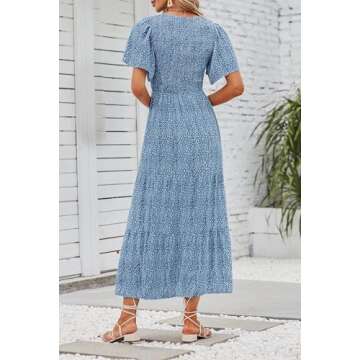 ZESICA Women's Summer Casual Floral Print Short Flutter Sleeve Crew Neck Smocked High Waist Flowy Maxi Dress,Blue,Small
