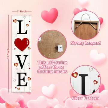 Lighted Wooden Love Sign, Rustic Valentine’s Day Porch Sign for Front Door Decorations, Valentines Love Decor Home Hanging Signs Wall Sign 31.5"H