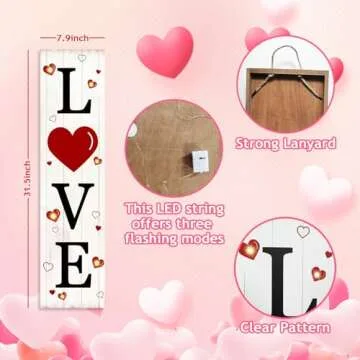Lighted Wooden Love Sign, Rustic Valentine’s Day Porch Sign for Front Door Decorations, Valentines Love Decor Home Hanging Signs Wall Sign 31.5"H