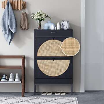 Yechen Shoe Rack Storage Organizer with 2 Natural Semi-Circular Rattan Doors, Entryway Wooden Shoe Cabinet for Sneakers, Leather Shoes, Heels, Slippers (Black)