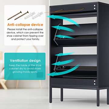 Yechen Shoe Rack Storage Organizer with 2 Natural Semi-Circular Rattan Doors, Entryway Wooden Shoe Cabinet for Sneakers, Leather Shoes, Heels, Slippers (Black)