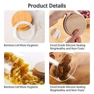 Yibaodan Glass Jars 9OZ, 12 Set with Bamboo Airtight Lids and Labels, Food Cereal Storage Large Spice Containers for Home Kitchen Tea Coffee Flour Herbs Grains