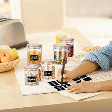 Yibaodan Glass Jars 9OZ, 12 Set with Bamboo Airtight Lids and Labels, Food Cereal Storage Large Spice Containers for Home Kitchen Tea Coffee Flour Herbs Grains