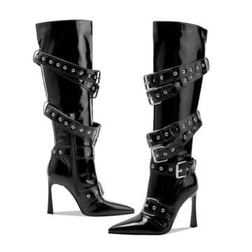 GOSERCE Black Knee High Boots for Women Sexy Pointed Toe Buckle Rivets Tall Stiletto Boot Fashion Tr...