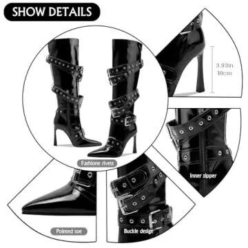 GOSERCE Black Knee High Boots for Women Sexy Pointed Toe Buckle Rivets Tall Stiletto Boot Fashion Trendy High Heel Long Boots Zipper Ladies Patent Leather Shoes Fall Winter 8