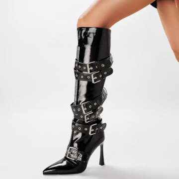 GOSERCE Black Knee High Boots for Women Sexy Pointed Toe Buckle Rivets Tall Stiletto Boot Fashion Trendy High Heel Long Boots Zipper Ladies Patent Leather Shoes Fall Winter 8