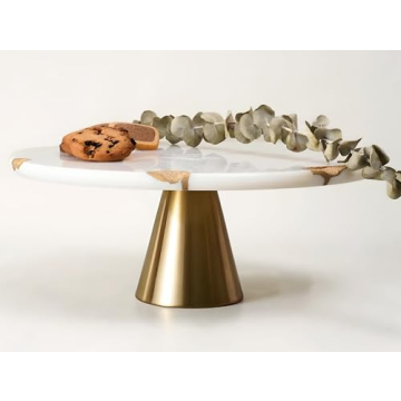Real Marble Cake Stand by Balin Designs - White Marble 12" Round Cake Stand with Gold Stand - Smooth...