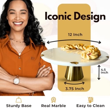 Elegant Real Marble Cake Stand with Gold Accents - 12"