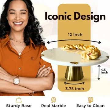 Elegant Real Marble Cake Stand with Gold Accents - 12"