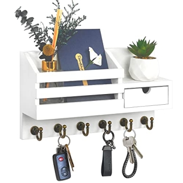 FifthQuarter Key and Mail Holder: Stylish Wall Organizer with Hooks and Drawer