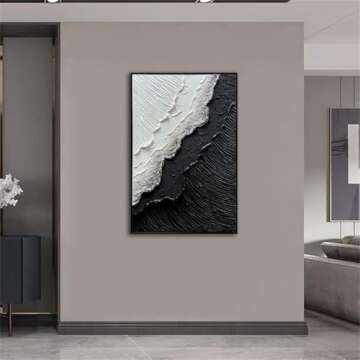 Framed Black and White Ocean Wave Wall Art, Modern Abstract Textured Paintings on Canvas, Relief Wall Art for Living Room Bedroom Wall Decor