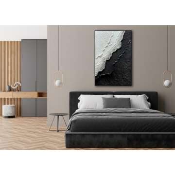 Framed Black and White Ocean Wave Wall Art, Modern Abstract Textured Paintings on Canvas, Relief Wall Art for Living Room Bedroom Wall Decor